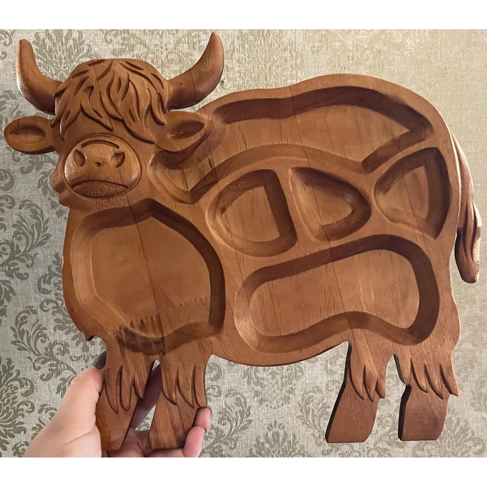 Vintage Wooden Scottish Highland Cow Charcuterie Cheese Board Tray Platter
